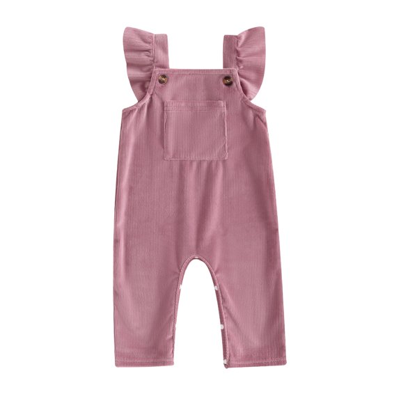 Aojekbee Baby Girl Corduroy Overalls Ruffle Trim Neck Full Length Jumpsuit with Front Pocket for Fall