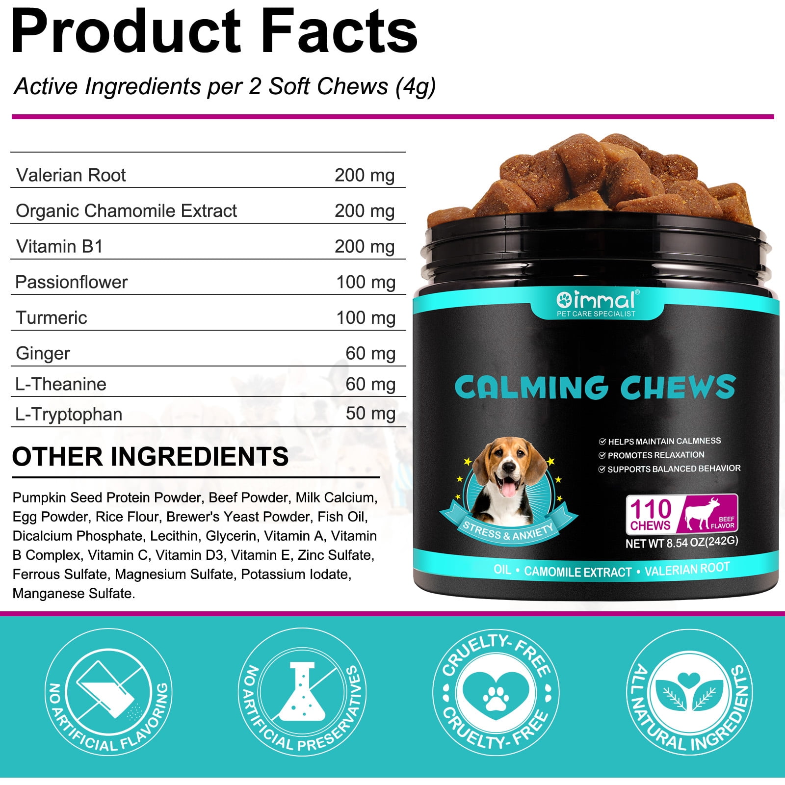 Oimmal Dog Calming Chews - 330 Chews, Beef Flavor, Anxiety Snacks for Dogs, Aid All Ages, Breeds&Size