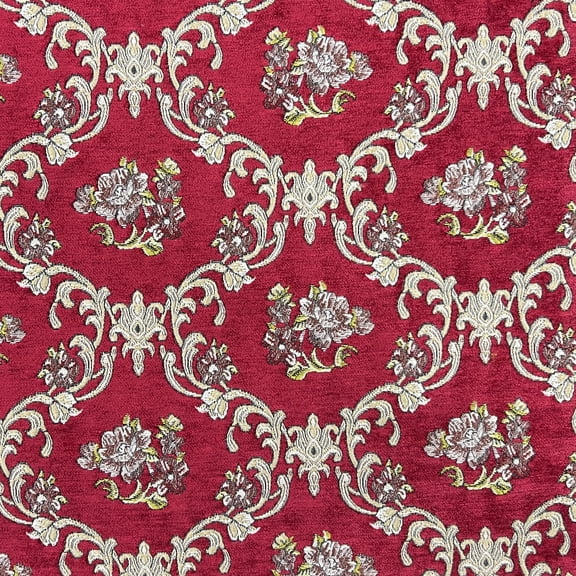 Decora Furnishings Vintage Damask Design Premium Chenille Jacquard Fabric for Upholstery, Craft - Width 54 inches - Fabric by The Yard (Red)
