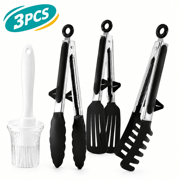 3 Pack BBQ Tongs with Silicone Tips, Non-Stick Heat-Resistant Grill Tongs with Bonus Oil Brush Bottle for BBQ, Baking and Cooking