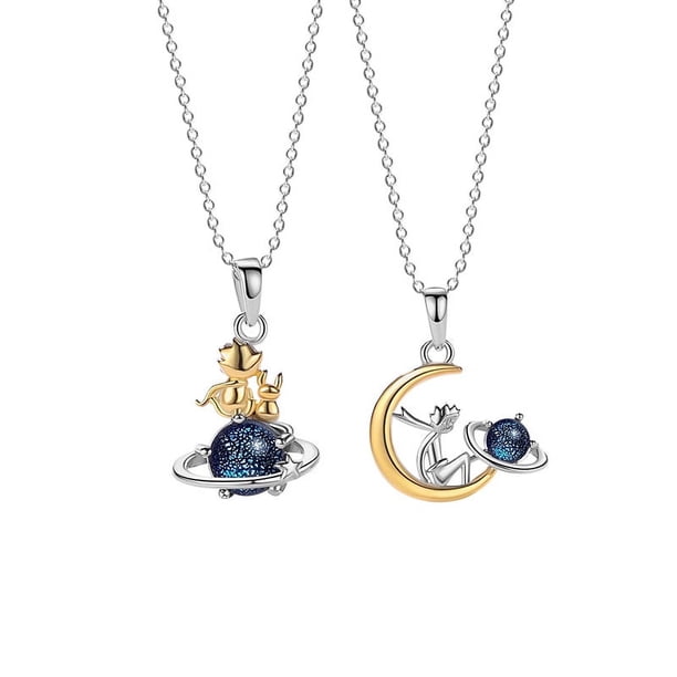 2PC Estrella de plata pura 925 collar de pareja diseño pequeño ligero de lujo principito clavícula colgante de piedra lunar de San Valentín (19 * 17 mm para mujeres) (21 * 14 mm para hombres)