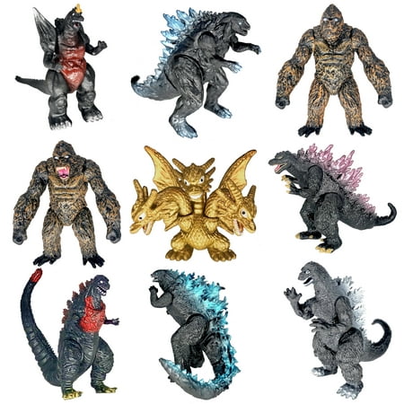Set of 9 Godzilla vs. King Kong Cake Toppers for Kid Birthday Parties with Travel Bag, Assembly Required