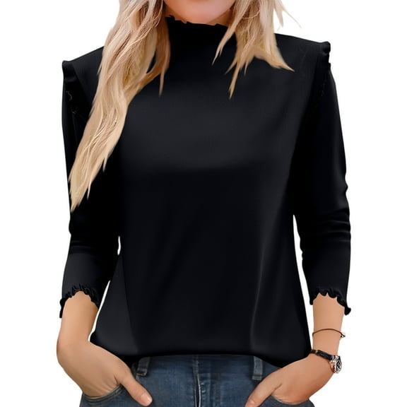 Ladies' Fashion Solid Color Fleece Ruffled Mock Neck Pullover Waveselvedge Half High Neck Long Sleeve Thickened Top