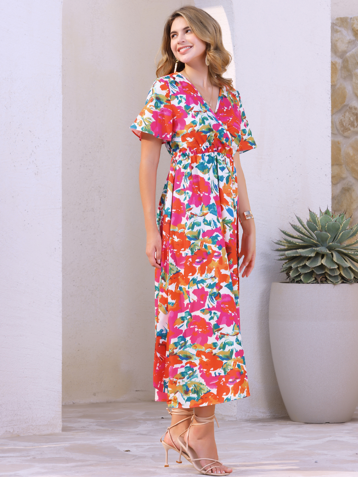 DARING DIVA Floral Split Hem Short Sleeve Maxi Tropical Dress S White Pink