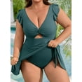 thumbnail image 4 of Asoul Womens Plus Size Swimsuit Tummy Control One Piece Ribbed Swimdress Ruffle V Neck Cutout Bathing Suit with Skirt, 4 of 7