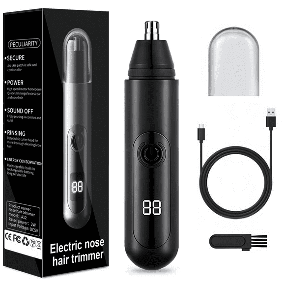 JUUTREN Nose and Ear Hair Trimmer for Men Women, Rechargeable Eyebrow & Facial& Nose Hair Trimmer Grooming with LED Display, IPX7 Waterproof, Painless & Detachable Dual-Edge Blades for Easy Cleansing