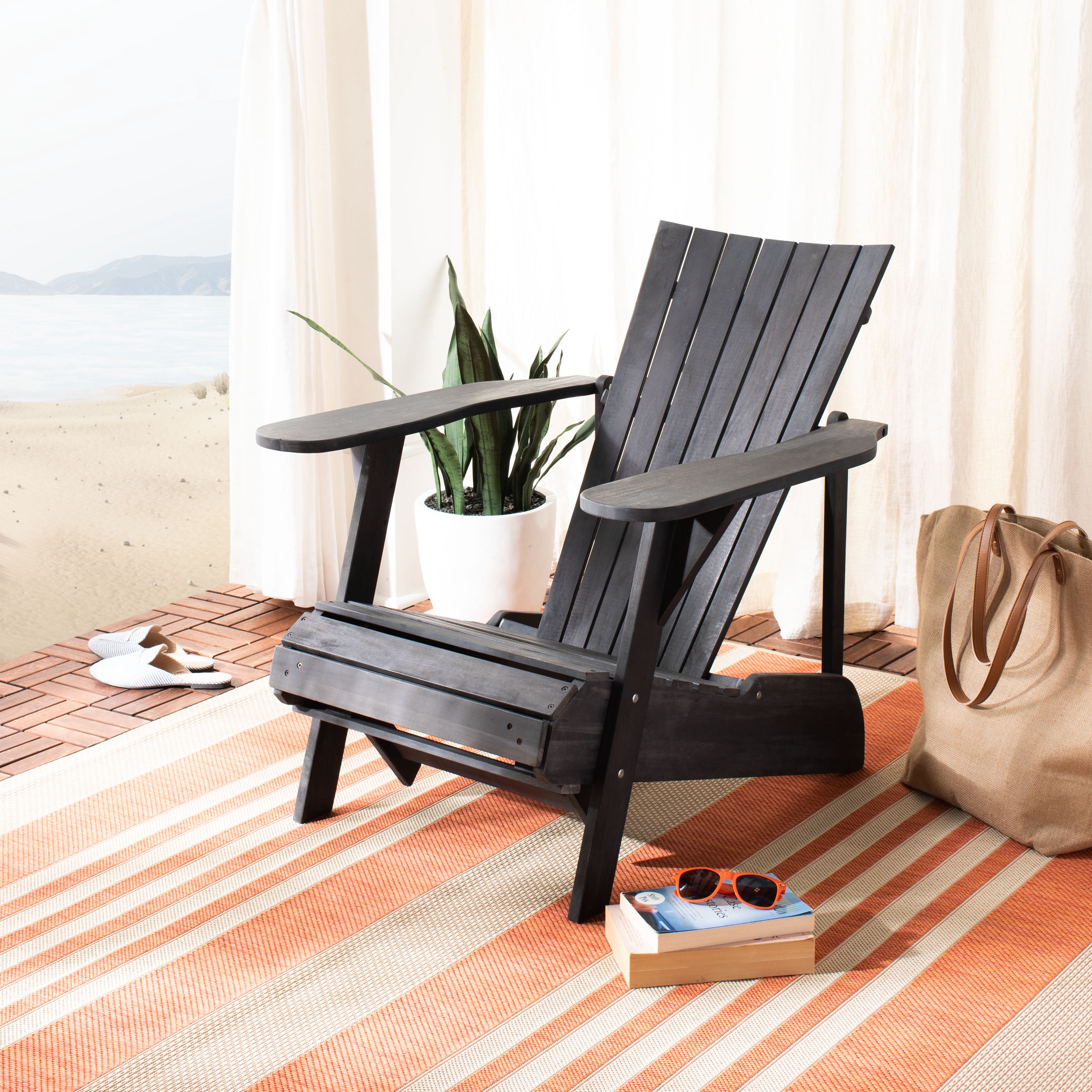 Safavieh Merlin Acacia Wood Adirondack Chair w/ Retractable Footrest in Gray