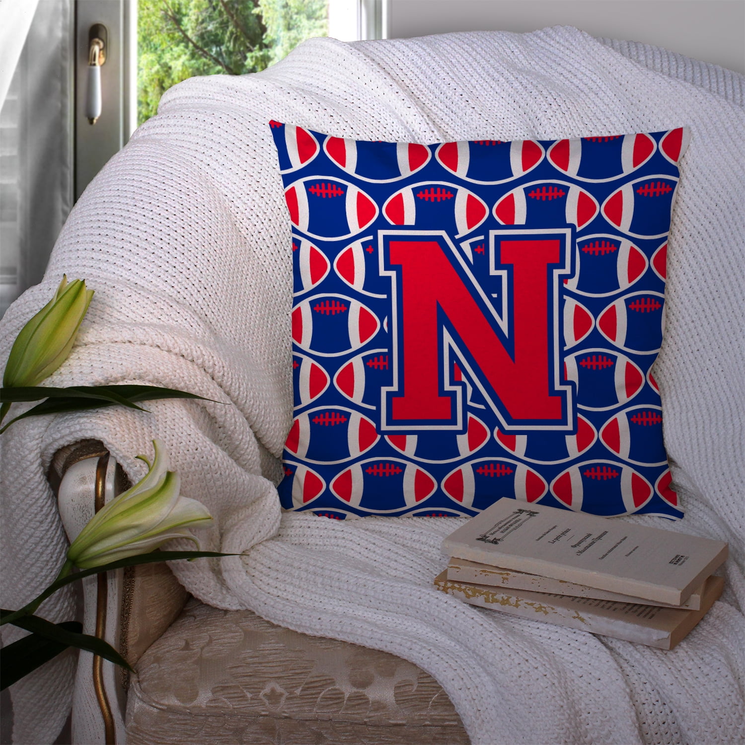 Carolines Treasures CJ1076-NPW1414 Letter N Football Harvard Crimson & Yale Blue Fabric Decorative Pillow