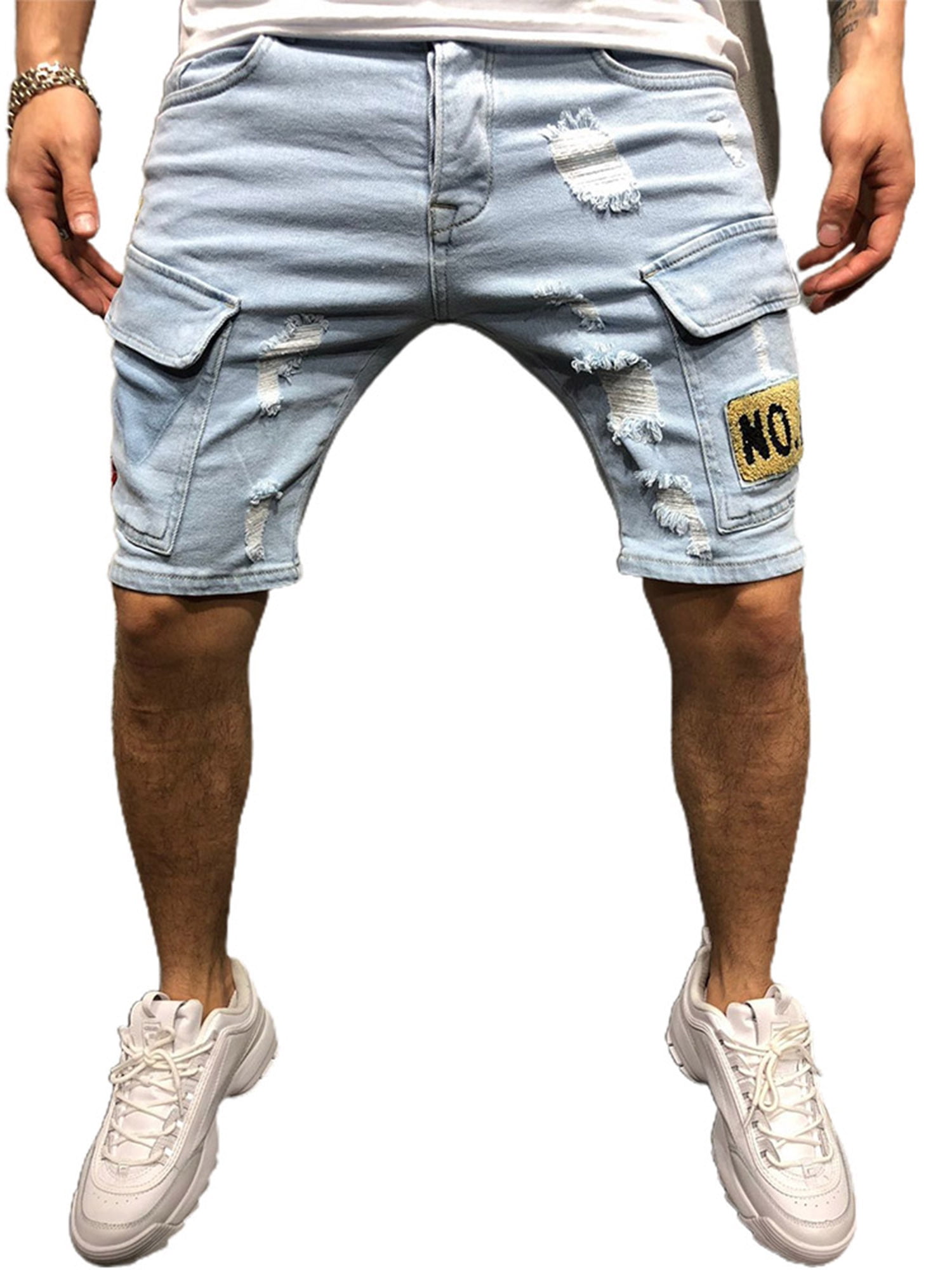 mens white distressed denim shorts