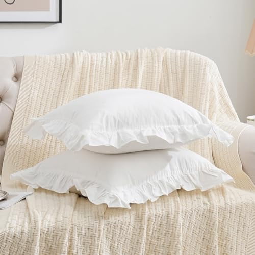 2 Pack Ruffle Throw Pillow Covers Farmhouse Off White Shabby Washed Cotton Decorative Pillow Shams for Bed, Sofa, Living Room-20"x20" White