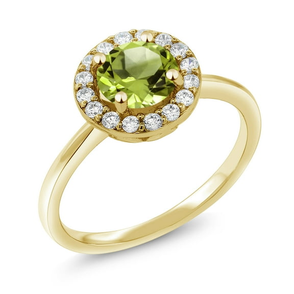 Gem Stone King 18K Yellow Gold Plated Silver Green Peridot and White Moissanite Halo Engagement Ring for Women (1.58 Cttw, Gemstone August Birthstone, Round 7MM, Size 8)