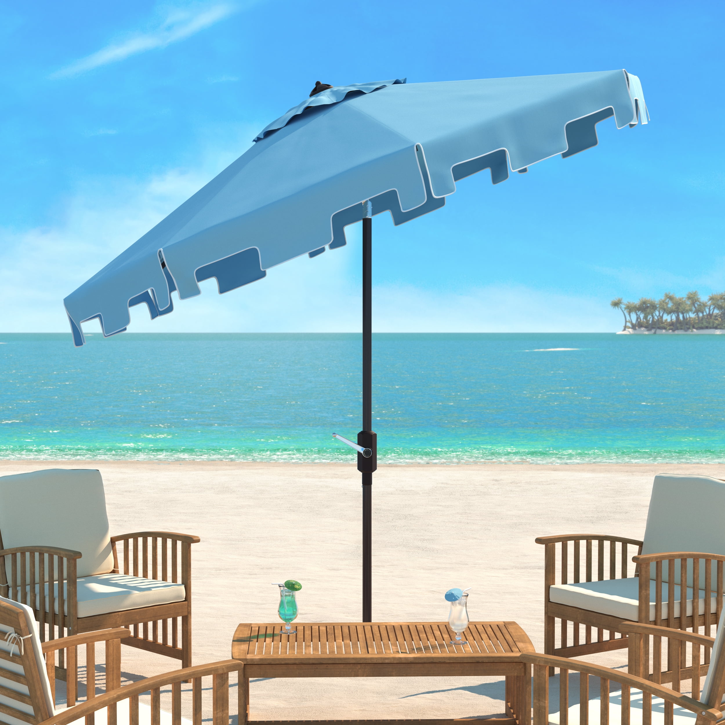 SAFAVIEH Zimmerman 11' Market Crank Round Patio Umbrella, Baby Blue/White