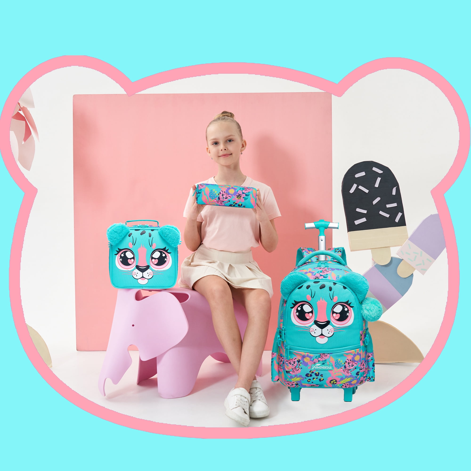 Kids Rolling Backpacks for Girls with Lunch Box Pencil Case School Bookbag with Wheels for Elementary Students Age 8-10
