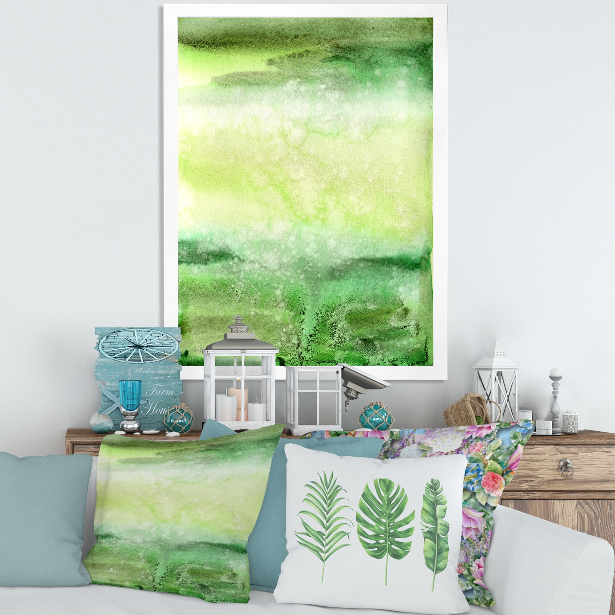 Designart 'Pastel Abstract With Beige and Dark Green & Spots' Modern Framed Art Print