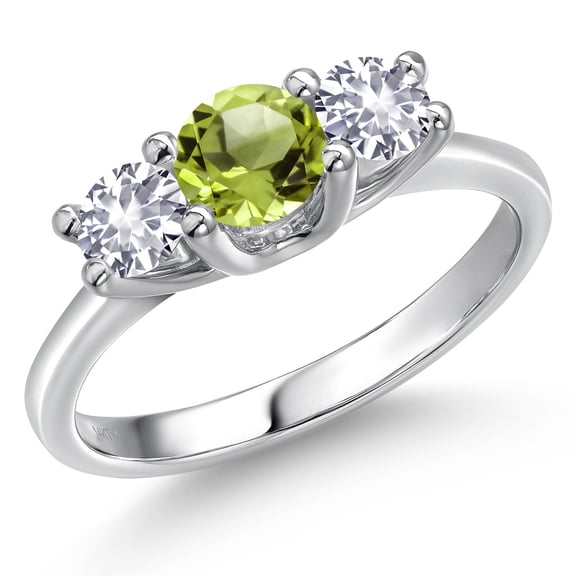 Gem Stone King 14K White Gold Green Peridot & White Created Sapphire 3-Stone Engagement Ring | 1.05 Cttw | Round 5MM and 4MM | Three Stone Wedding Anniversary Promise Ring for Women (Size 5)