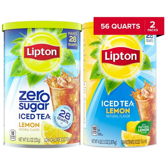 Lipton Variety Pack Iced Tea Mix – Pack of 2, Zero Sugar Lemon & Sweetened Lemon, Makes 56 Quarts Total – Powdered Drink Mix with Real Tea Leaves
