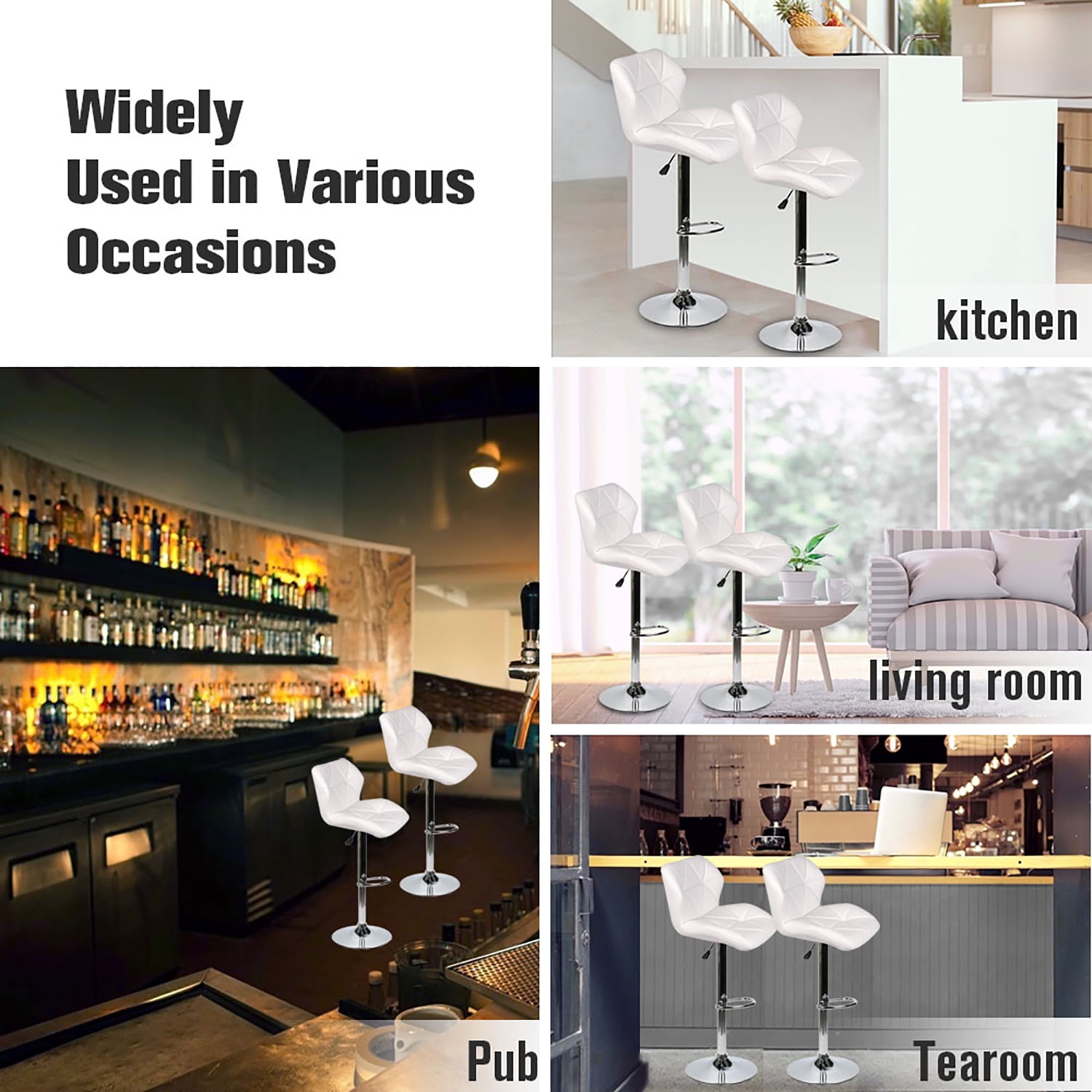 FULLWATT Bar Stools PU Leather Seat with Chrome Base Swivel Dining Chair Barstools, White, Set of 4