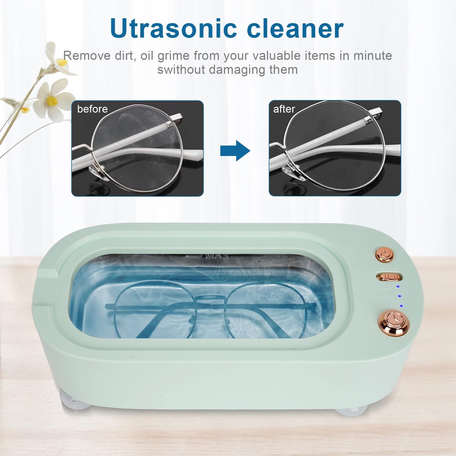 Ultrasonic Jewelry Cleaner Machine 300ML Portable - 45KHz Deep Cleaner for Glasses Watches Dentures with 3 Modes (Green)​