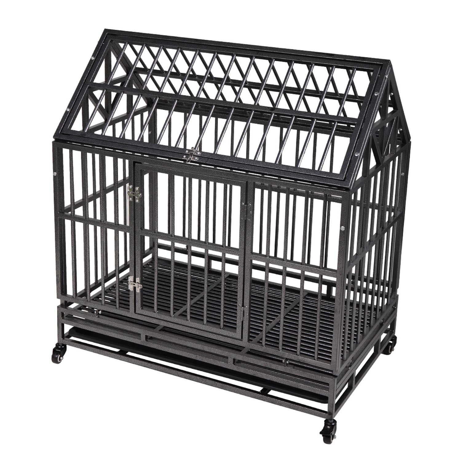 Pefilos 45" Large Dog Cage for Indoor Heavy Duty Metal Dog Crate Kennel with 4 Universal Wheels, Openable Pointed Top and Front Door, Black Pefilos 45" Large Dog Cage for Indoor Heavy Duty Metal Dog Crate Kennel with 4 Universal Wheels, Openable Pointed Top and Front Door, Black