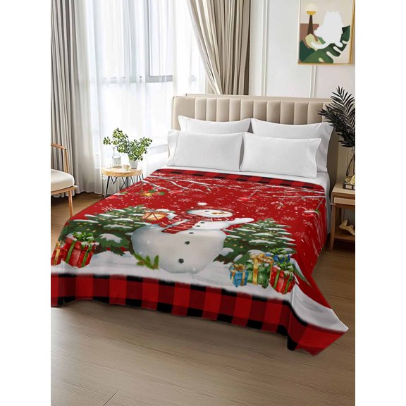 King Size Flat Sheet Only,Christmas Tree Bell on Red Background Soft Top Bed Sheets Breathable Bedding Sheet Red Black Plaid Microfiber Hotel Luxury Top Sheets