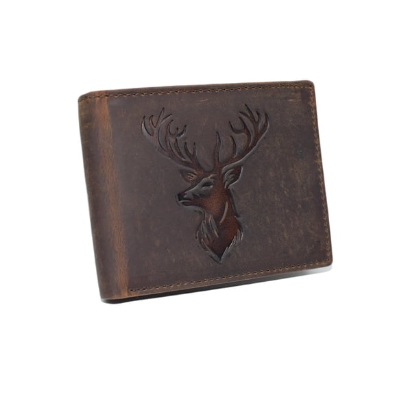 Mens RFID Blocking Deer Head Leather Wallet  Rustic Genuine Leather Bifold for Hunters & Outdoorsmen Brown