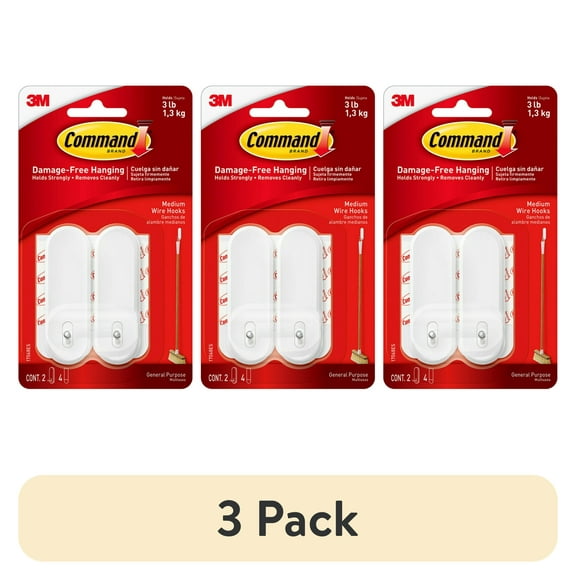 (3 pack) Command Medium Wire Hooks, White, 2 Hooks, 4 Strips Per Pack