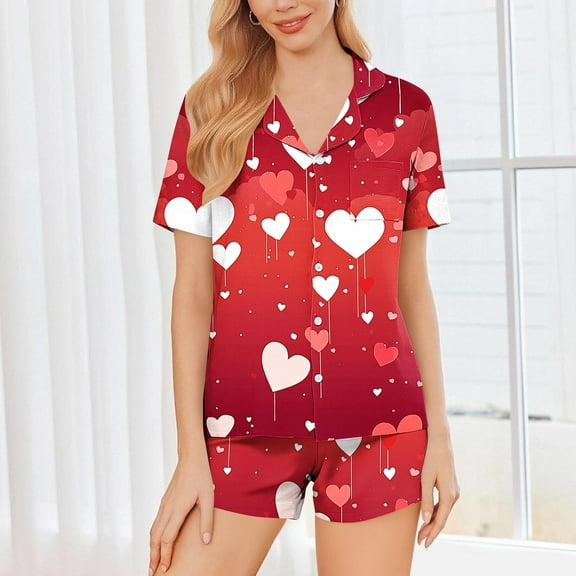 Pajamas for Women Valentine's Day Gift for Her Heart Printed Casual Lapel Button Short Sleeve Blouse And Short Pants Pajama Sets Watermelon Red