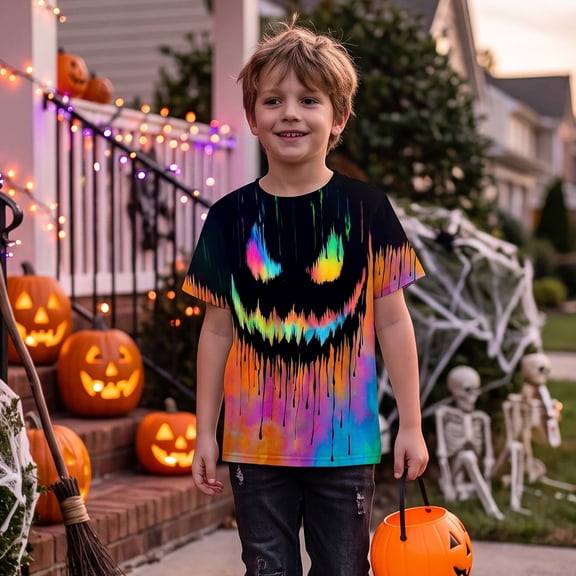 Halloween Shirts for Boys Short Sleeve Colorful Pumpkin Face Graphic Crew Neck Tee Kids Casual Holiday Top for Fall Halloween Party Events