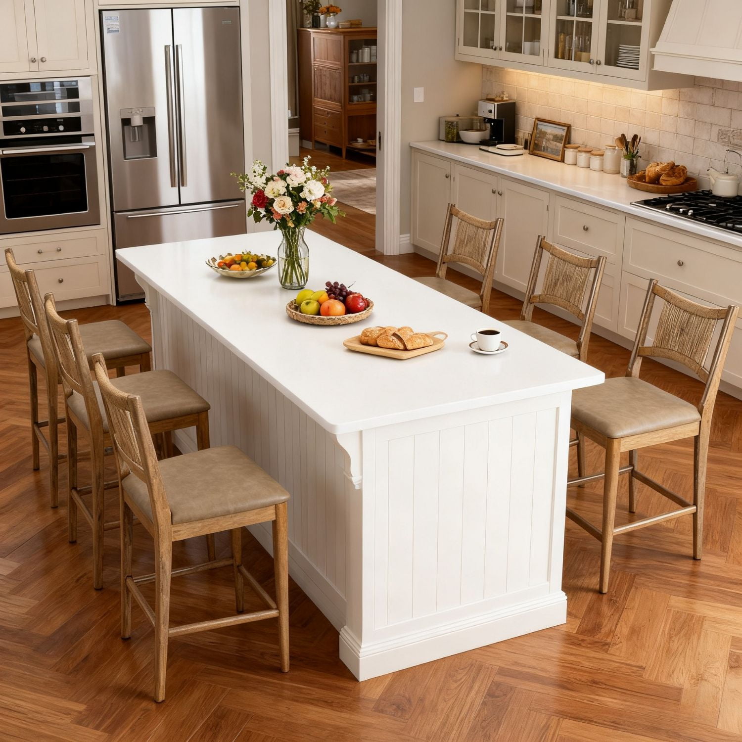 Dayalane Farmhouse Bar Stools Set of 6, 25.5" Counter Height Bar Stools with Paper Cord Woven Back Solid Wood Frame, PU Leather Upholstered Kitchen Island Chairs for Dining Room Home Bar, Brown