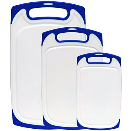 Plastic Drip - Dutis 3-Piece Dishwasher Safe Plastic Cutting Board Set with Non-Slip Feet and Drip Juice Groove, White with Blue