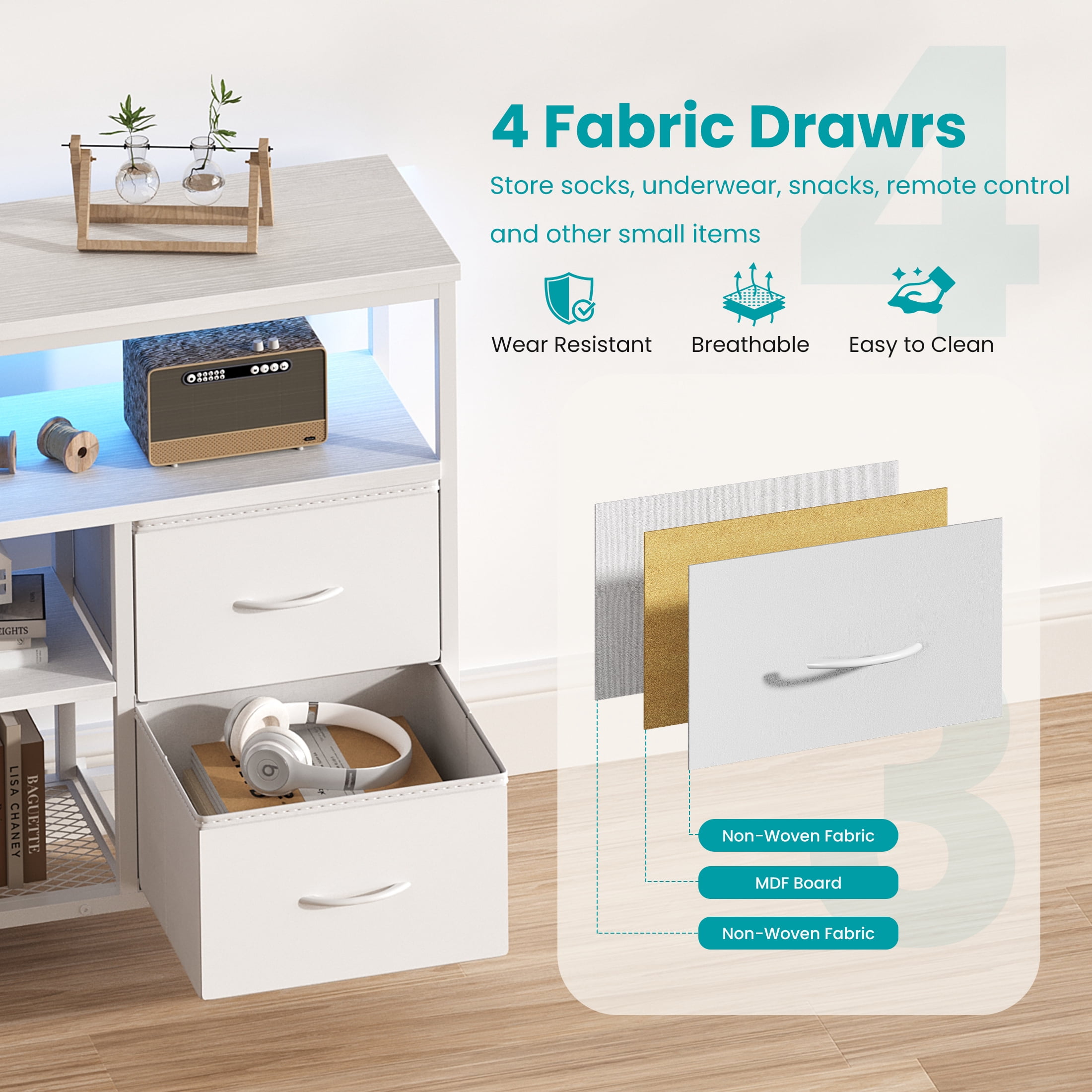 EDX TV Stand with Power Outlets and LED Light for 43-inch TV, Double-layer 4 Fabric Drawers for Living Room/Bedroom, White
