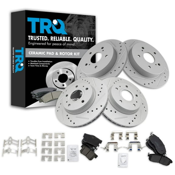 TRQ Front and Rear Performance Brake Pad & Rotor Kit Brake Pads Brake Rotors Set Ceramic Premium G-Coated Fits Select 2007-2013 Suzuki SX4