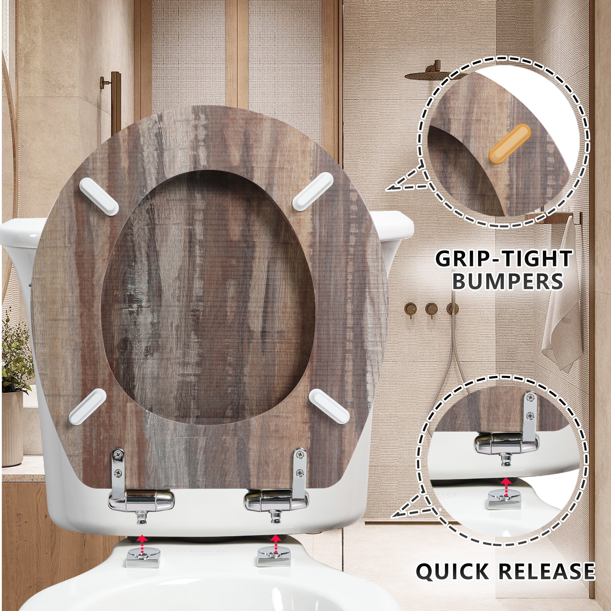Angol Shiold Wood Round Toilet Seat with Quiet Close, Easy Clean, Quick-Release Metal Hinges ( Round 16.5'', Dark Board )