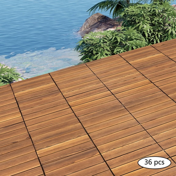 36 Pack Interlocking Deck Tiles, 12" x 12" Solid Wood Patio Flooring Tiles, Snap Together Outdoor Decking with PE Base, Non-Slip Waterproof Balcony Floor Tiles for Porch, Poolside, Garden, Bathroom