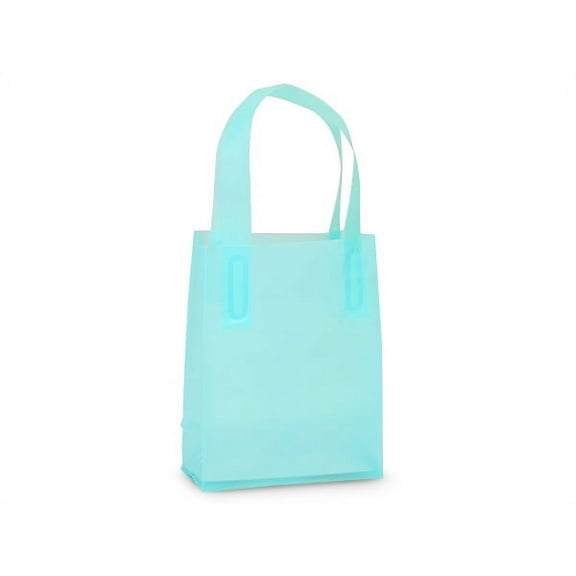 Pack Of 25, Jewel Size 4 x 2 x 5" Solid Aqua Reusable 3 Mil Plastic Shopping Bags W/6 Mil Soft Loop Handle
