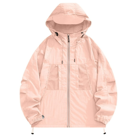 EchfiProm Women Windbreaker Jacket Pink Lightweight Winter Zip-up Hooded Waterproof Coat