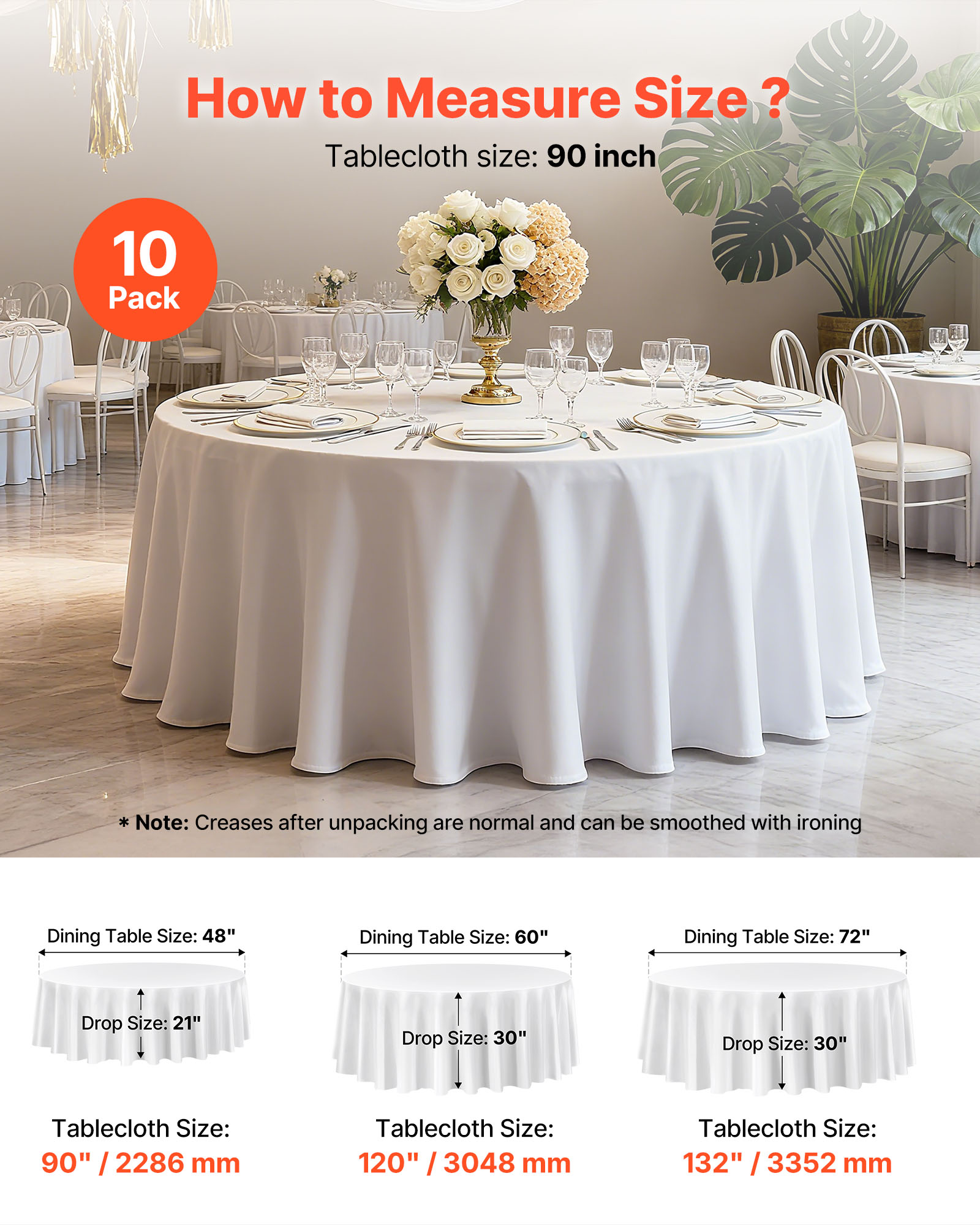 VEVOR White Round Tablecloths 10 Pack, 90 Inches in Diameter, Stain- & Wrinkle- Resistant, Machine Washable Table Clothes, Polyester Fabric Table Covers for Wedding, Party, Banquet, Formal Events