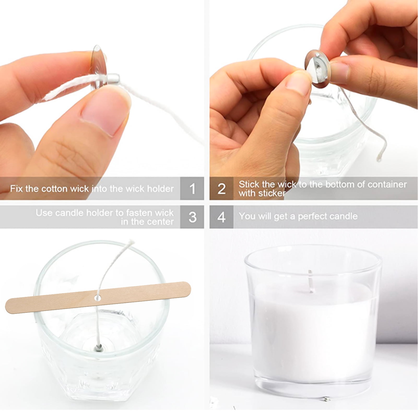 Qweryboo 61M Candle Wick, 60 Pcs Candle Wick Stickers and 5 Pcs Wooden Candle Wick Centering Devices, Smokeless Wick Set, Odorless Wick, Natural Wick with Wick Holder for DIY Candles