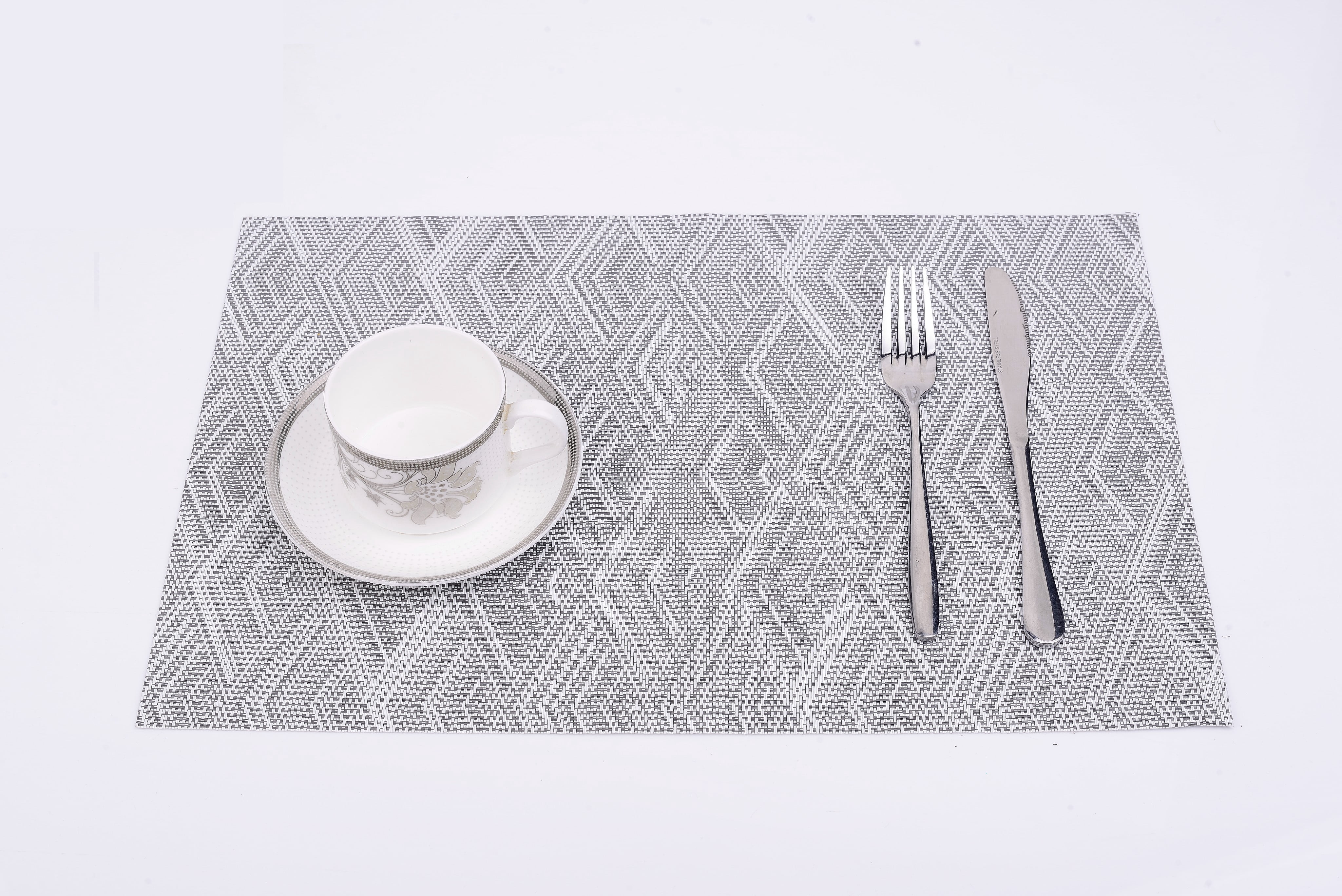 Diamond Woven Vinyl Placemats With Diamond Woven Design Reversible 13 x 19 Rectangular Placemat Set of 6 in Silver