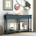 thumbnail image 3 of 58" Vintage Console Table, Solid Wood Sofa Table with 2 Storage Drawers and Open Bottom Shelf, Narrow Side Table for Living Room, Kitchen, Hallway, Entryway, Antique Navy, 3 of 9