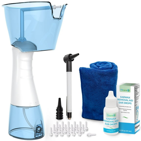 Electric Ear Wax Removal Kit by Tilcare - Rechargeable Ear Cleaning Machine for Ear Irrigation - Complete Ear Flush Kit for Adults & Kids - Ear Lavage System with Ear Drops, Otoscope, Towel & 30 Tips