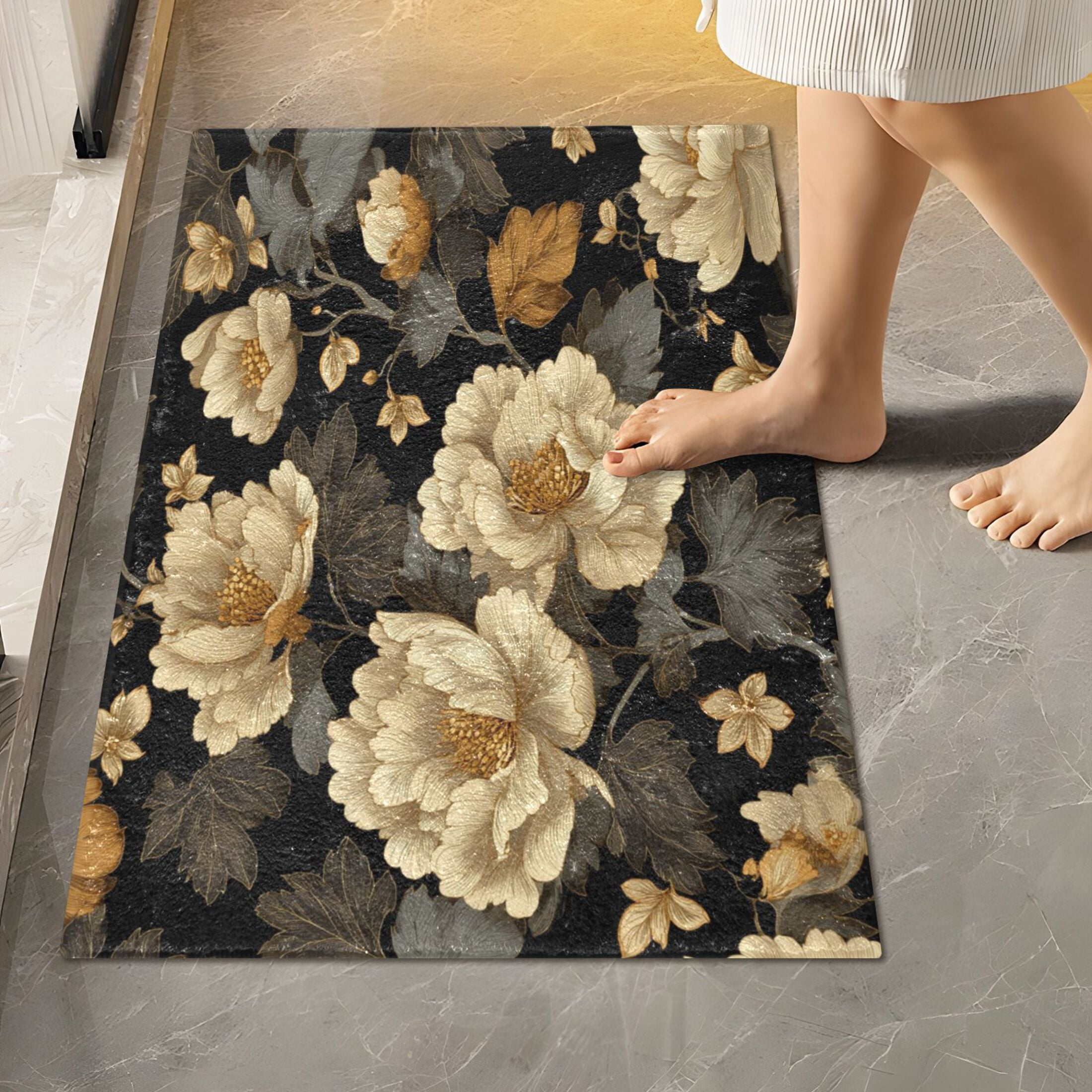 2 Piece Bath Mat Set with U-Shaped Toilet Mat and Rectangle Bath Rugs Non Slip Machine Washable Bathroom Mats Elegant Beige Floral