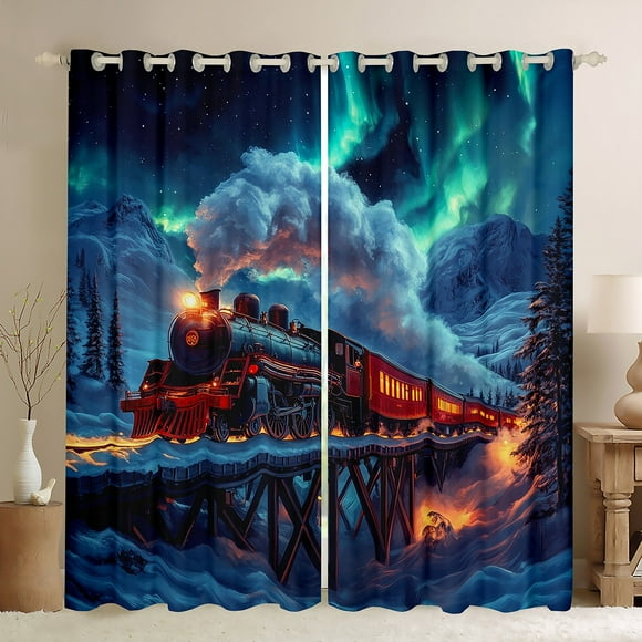 Vintage Train Blackout Curtains for Boys Steam Engine Galaxy Starry Curtains & Drapes Kids Rail Vehicles Transportation Curtains 52"Wx63"L 2 Panels,Polar Lights Transport Window Treatments