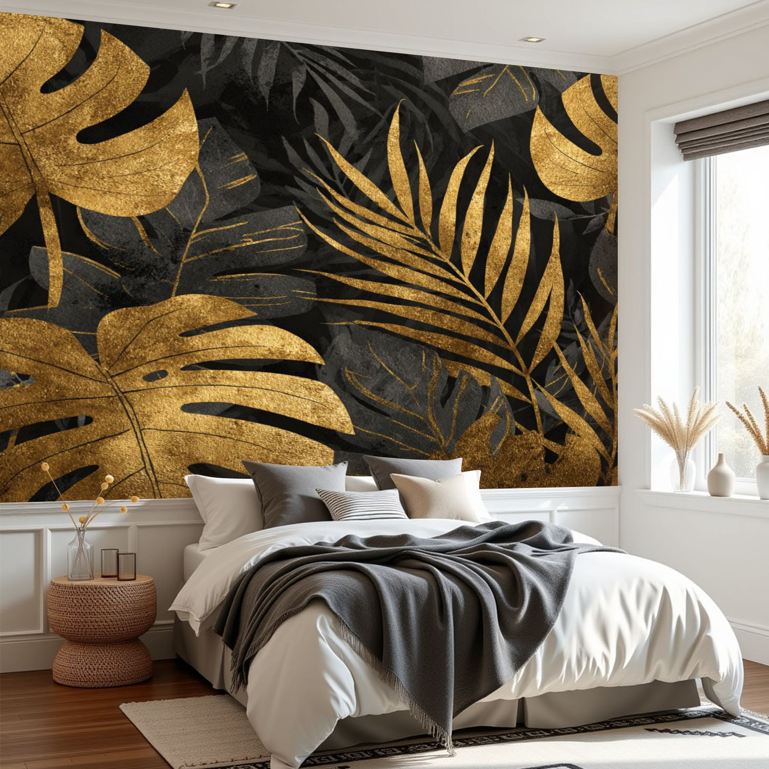 Wall Mural Peel and Stick seamless gold black tropical leaves dark Self-Adhesive Wallpaper Removable Wall Decal Wall Sticker Home Decor for Living Room Bedroom 69"x96"
