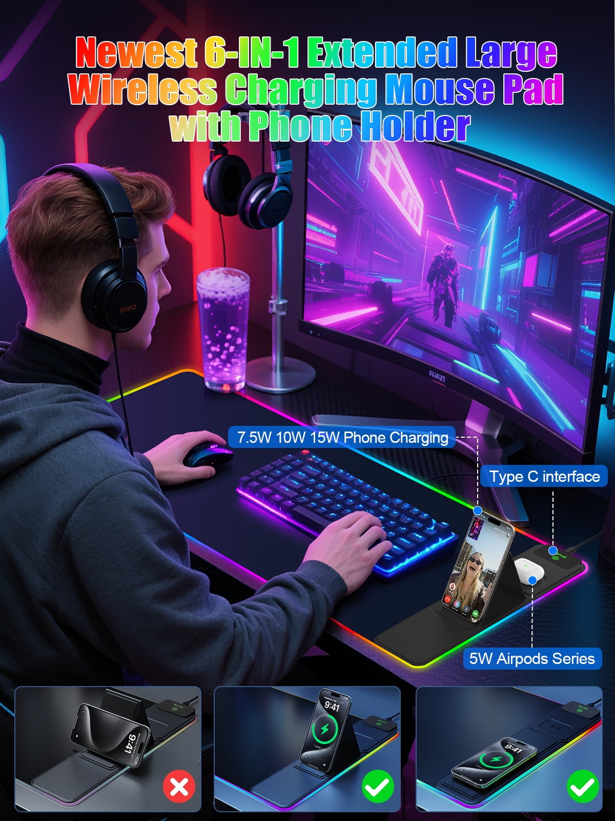 Miroddi RGB Gaming Mouse Pad with Wireless Charging, LED Desk Mousepad with Phone Holder, 15W Fast Charging Computer Keyboard Mat for Home, Office