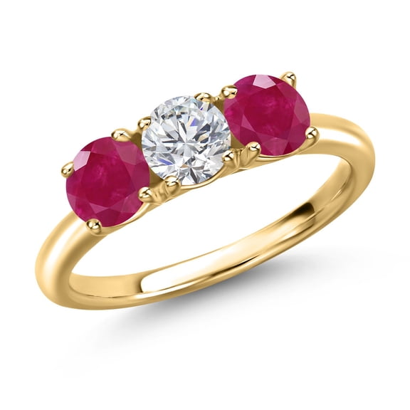 Gem Stone King 18K Yellow Gold Plated Silver Lab Grown Diamond and Red Ruby Engagement Ring for Women | 1.60 Cttw | Round 5MM | Gemstone April Birthstone | Size 8