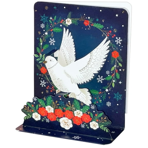 Pictura Dove Carrying Olive Branch Above Red and White Flowers 4 3/4 Inches Tall 3D Pop-Up Christmas Card