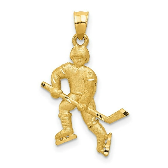 14k Yellow Gold Satin and Sparkle Cut Hockey Player Pendant Necklace - Pendant for Women