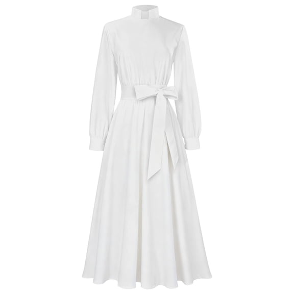 FYEGRE Clergy Dress for Women Long Sleeve A Line Elegant Maxi Dress with Tab Insert Stand Collar and Belt White S