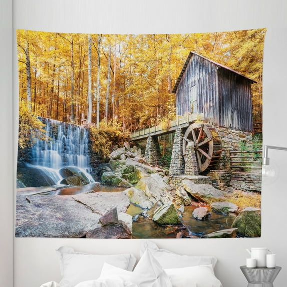 Waterfall Tapestry, Fall Season Image of Historical Water Mill and Waterfall Outdoor Nature Art, Fabric Wall Hanging Decor for Bedroom Living Room Dorm, 5 Sizes, Yellow Brown, by Ambesonne